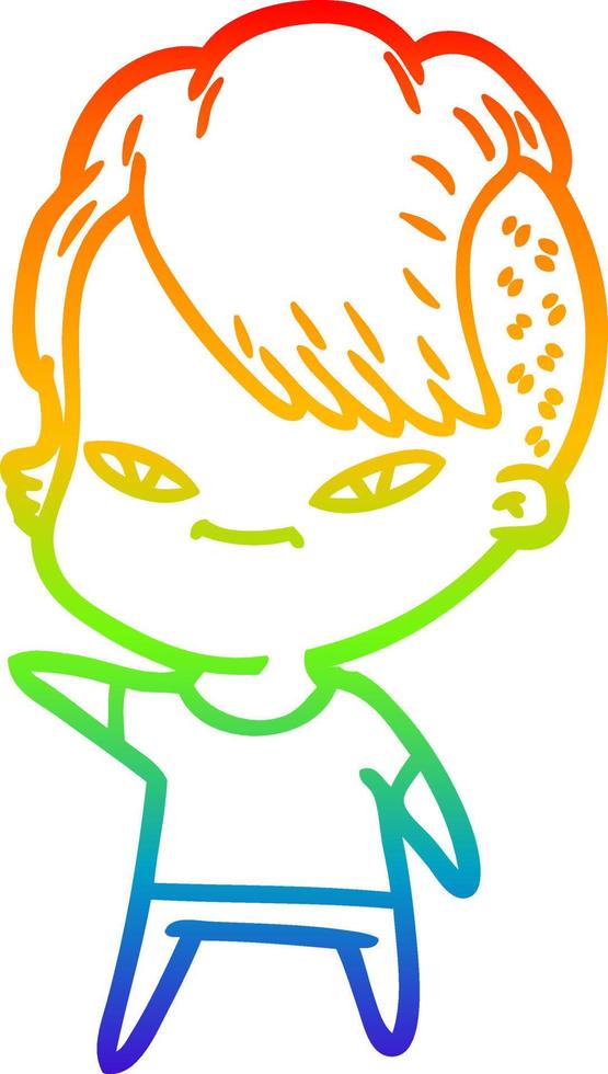 linha de gradiente de arco-íris desenhando uma linda garota de desenho animado com corte de cabelo hipster vetor