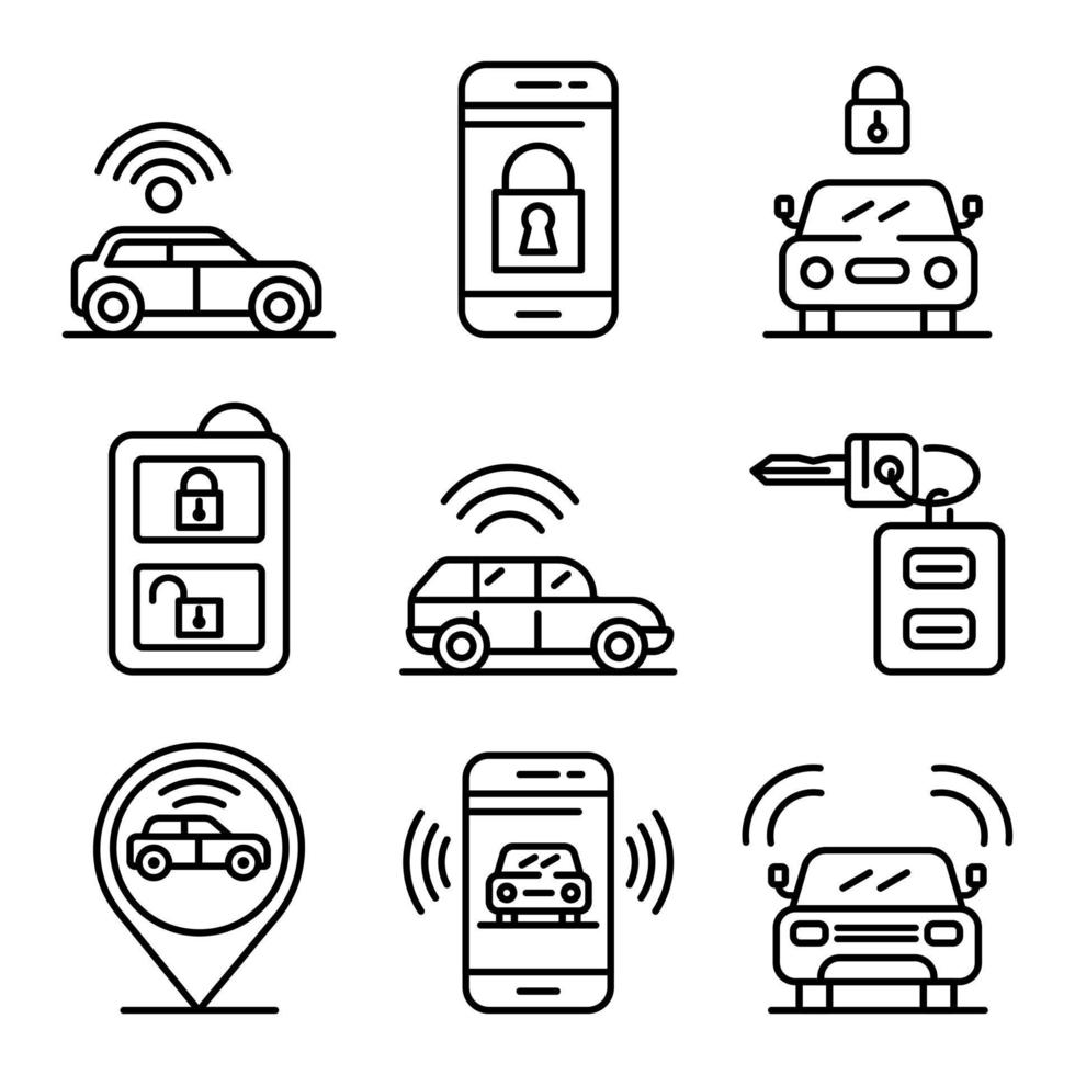 conjunto de ícones do sistema de alarme de carro, estilo de estrutura de tópicos vetor