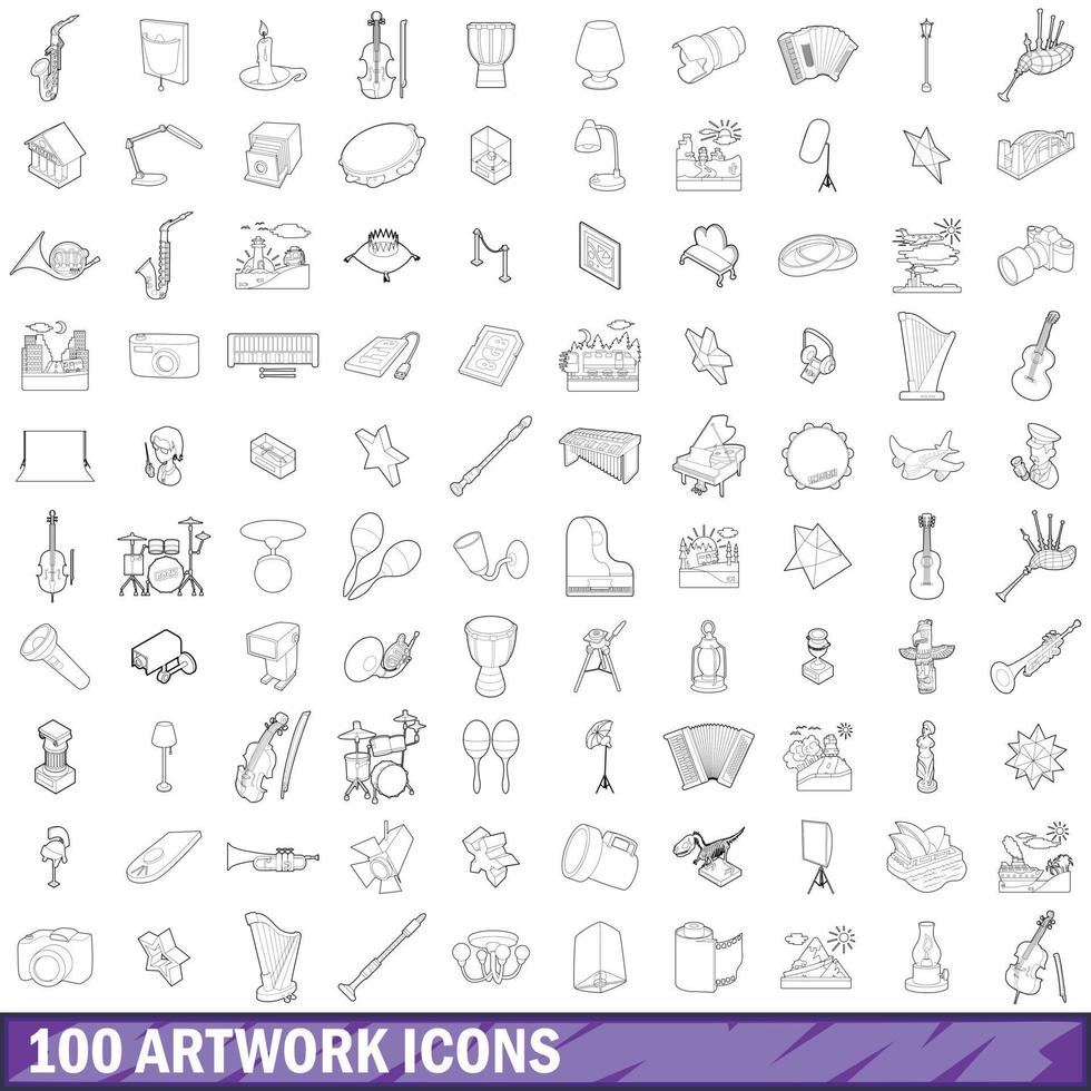 conjunto de 100 ícones de arte, estilo de contorno vetor