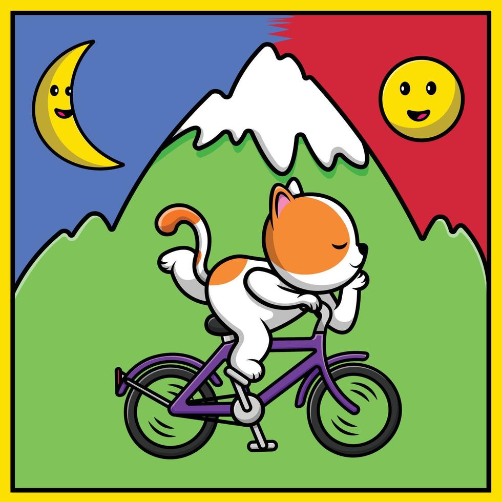 gato bonito andando de bicicleta na ilustração de ícone de vetor de desenho animado de montanha. animal esporte ícone conceito isolado vetor premium.