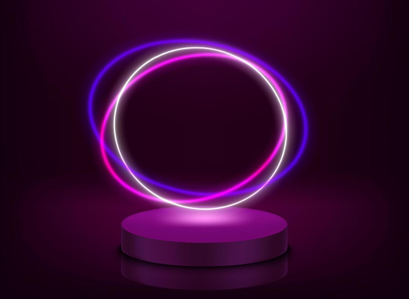 interior violeta iluminado com luz neon, portal e pódio. ilustração vetorial 3D vetor