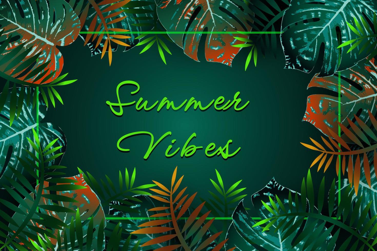 Vibes do verão. design de folheto tropical verde de verão com flores tropicais e folhas de monstera. projeto do quadro. espaço de cópia vetor