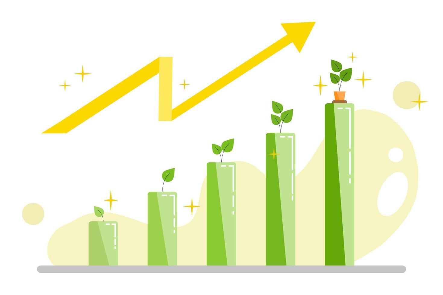 gráfico de crescimento com crescimento de plantas. aumentando a demonstração da taxa de crescimento com o crescimento da planta e gráfico de barras em fundo branco. ilustração vetorial de amarelo e verde. vetor