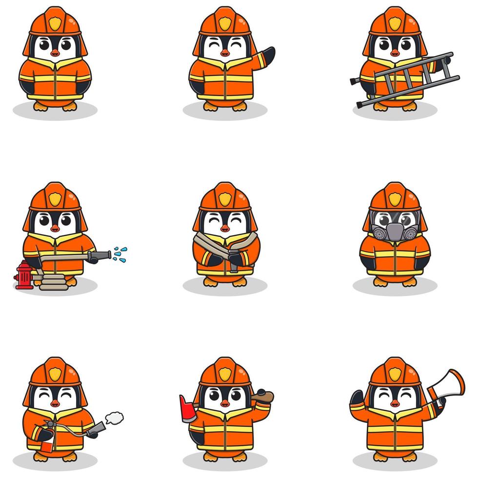 ilustração em vetor de desenhos animados de pinguim com fantasia de bombeiro. conjunto de personagens de pinguim bonitinho. coleção de pinguim engraçado isolado em um fundo branco.