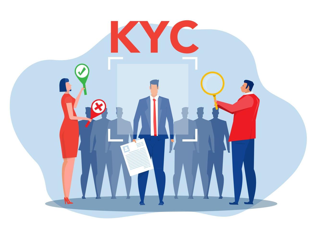 kyc ou conheça seu cliente com negócio verificando a identidade do conceito de seus clientes nos futuros parceiros por meio de um ilustrador vetorial de lupa vetor