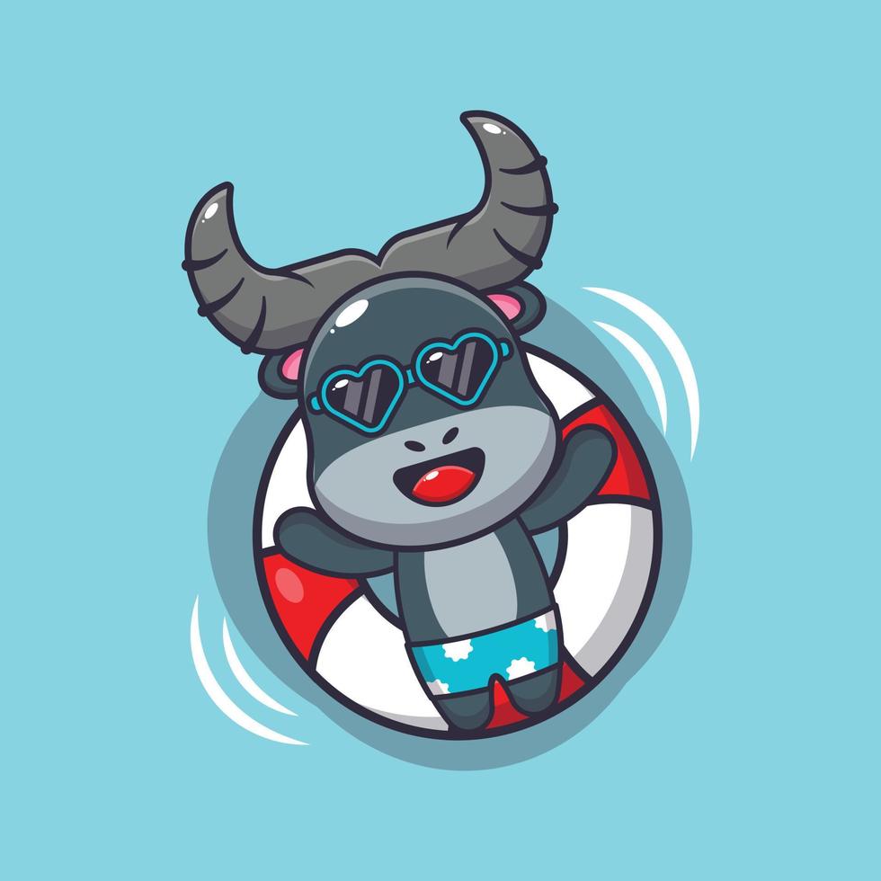 personagem de mascote de desenho animado de búfalo bonito nadar na praia na bóia vetor