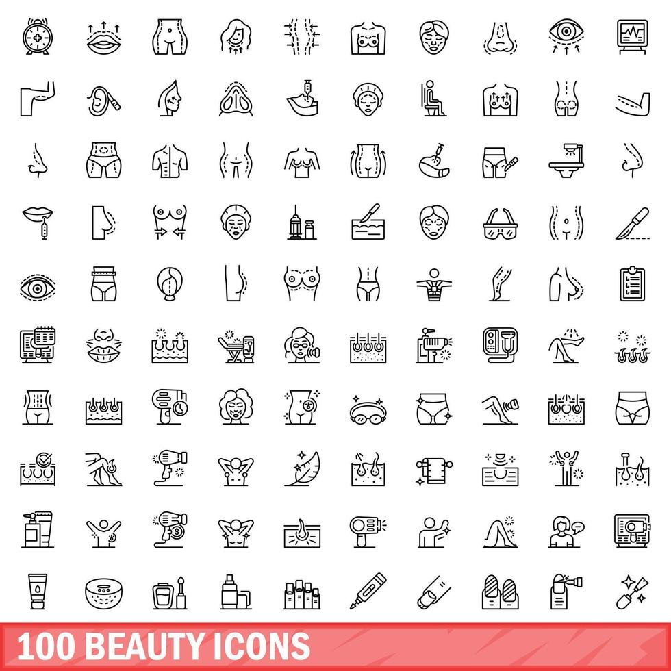 conjunto de 100 ícones de beleza, estilo de contorno vetor