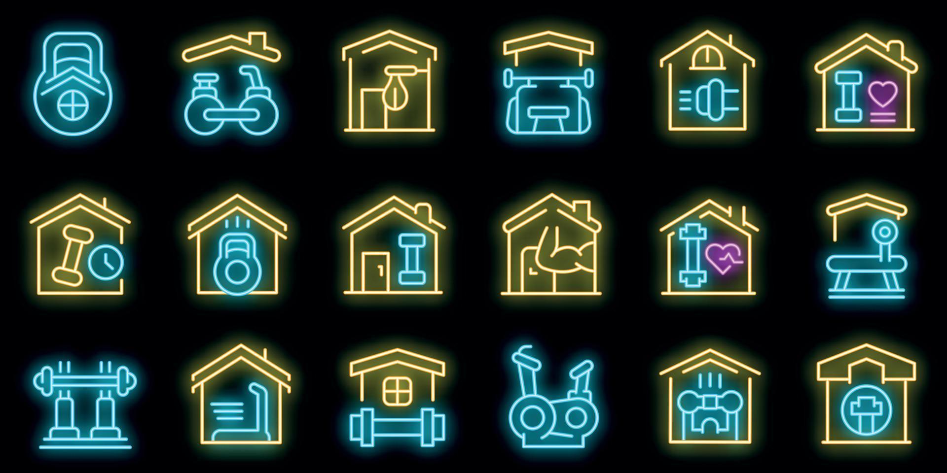 conjunto de ícones de ginásio em casa vector neon