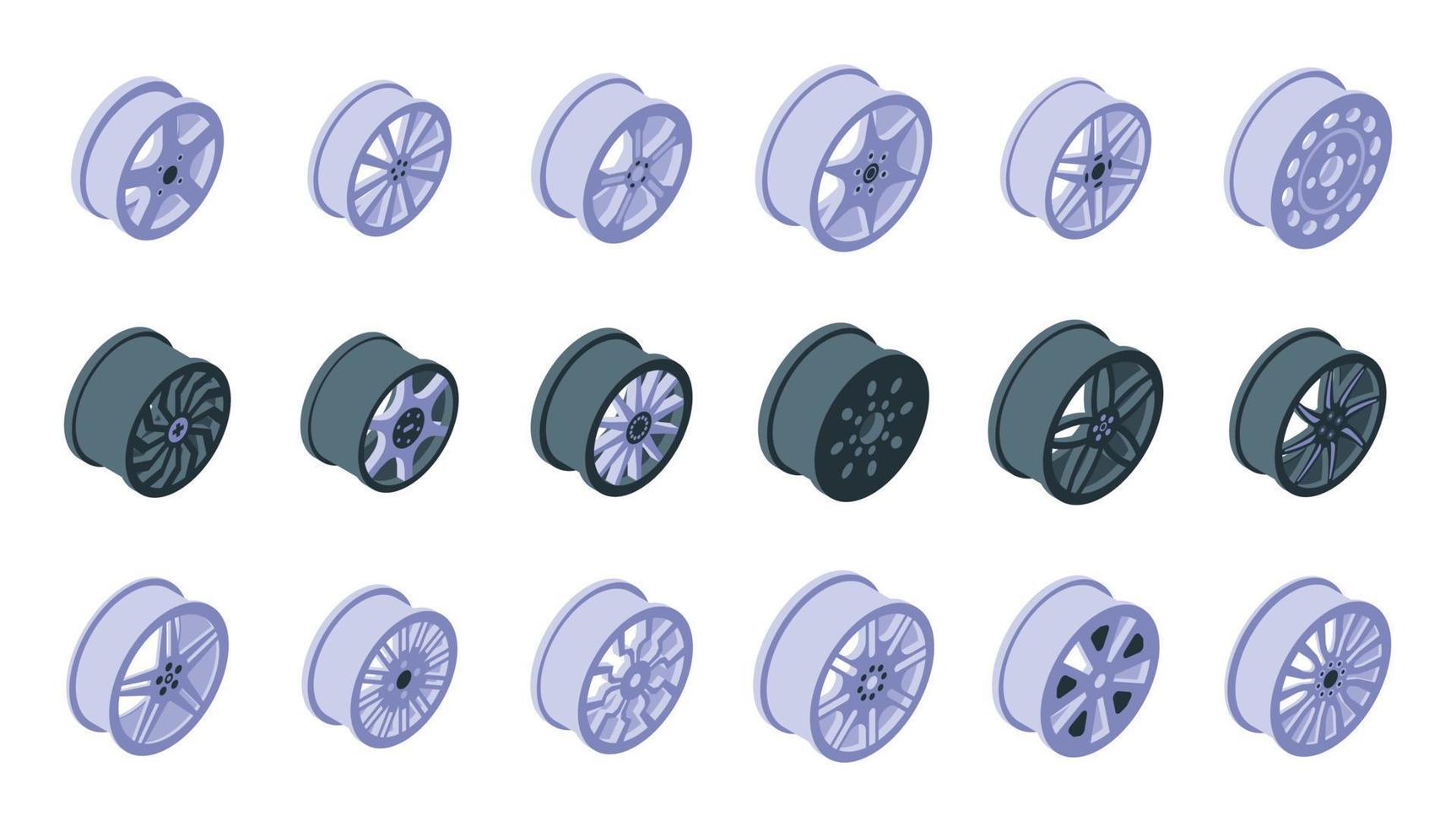 ícones de rodas de alumínio definir vetor isométrico. fabrica de carros