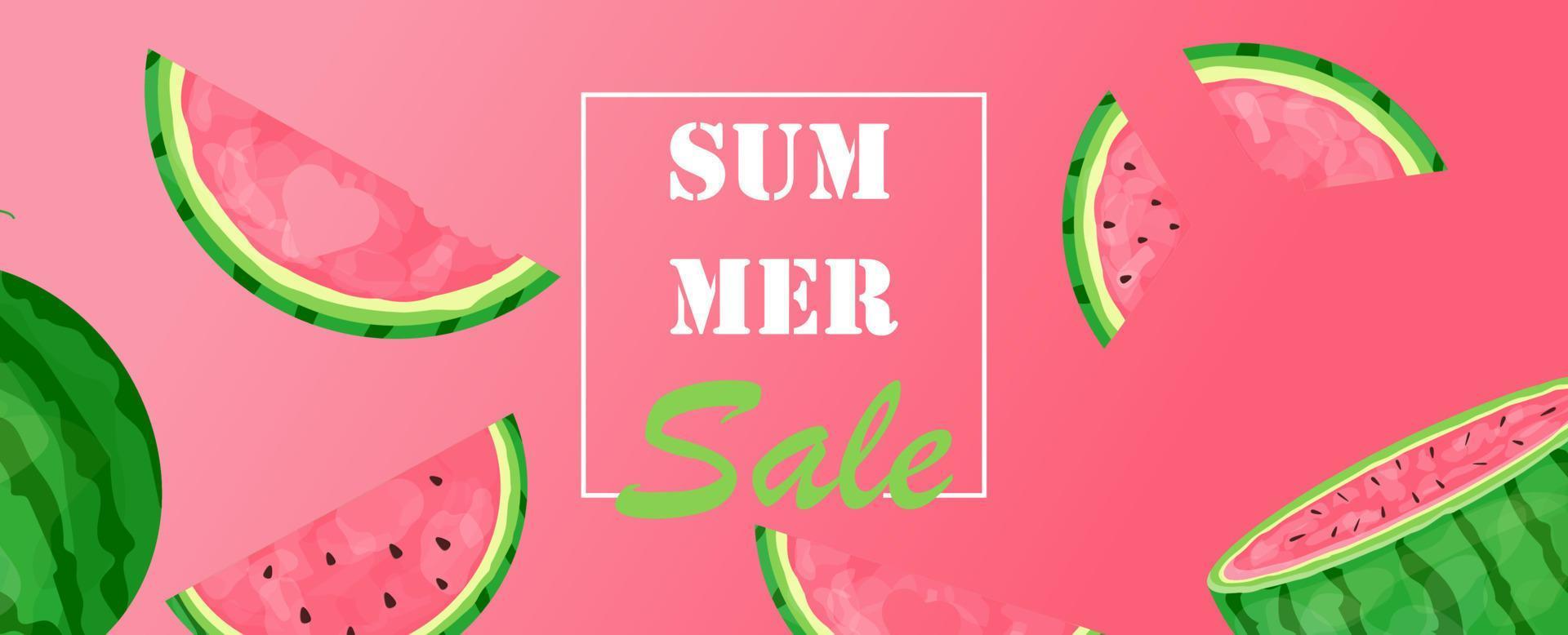 banner de venda de verão com melancias de diferentes ângulos. fundo vetorial para lojas com frutas de verão. use para cartazes, banners, cartazes, decorações, publicidade vetor