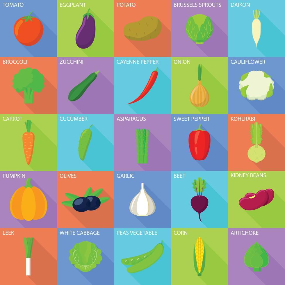 conjunto de ícones de menu de comida de legumes, estilo simples vetor