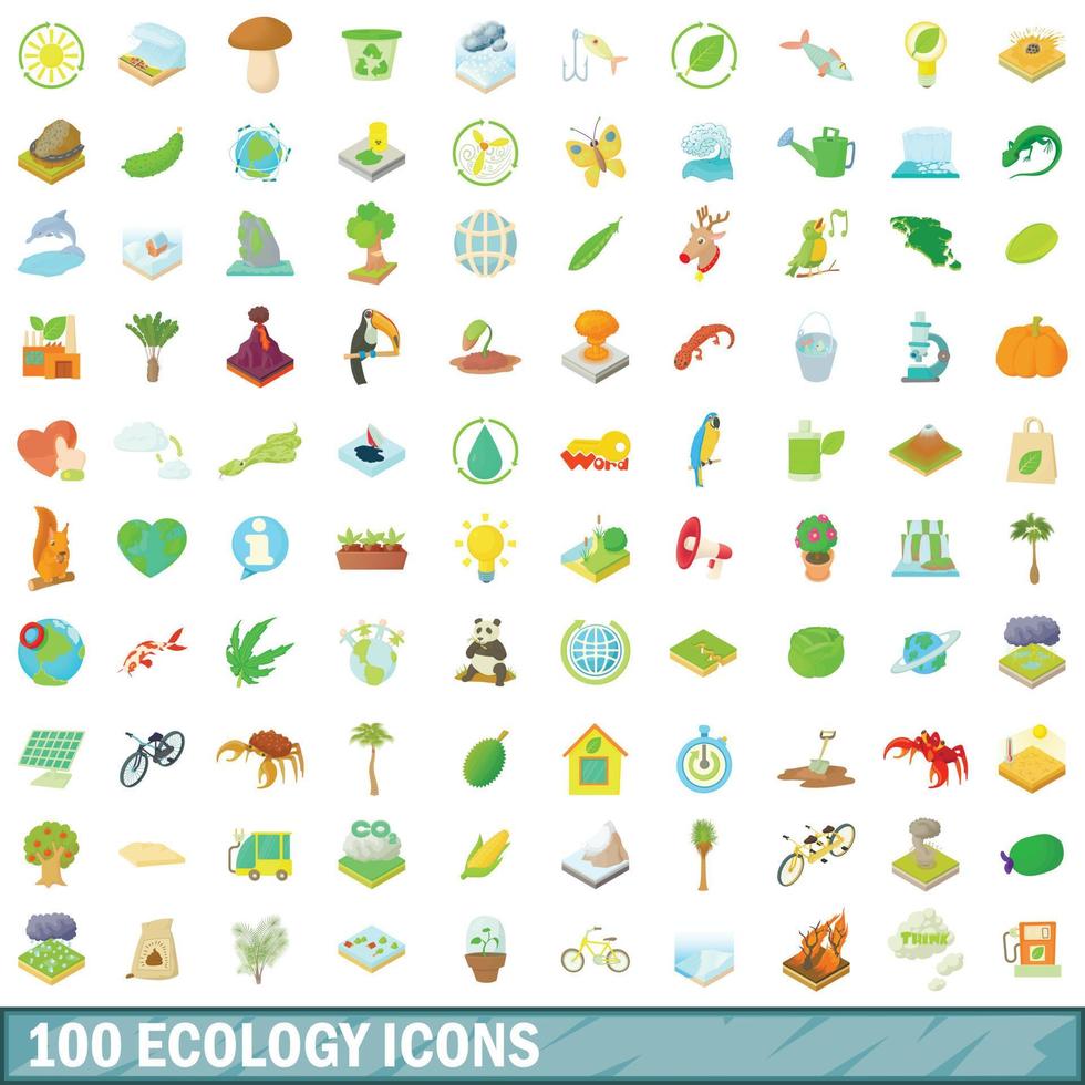 conjunto de 100 ícones de ecologia, estilo cartoon vetor