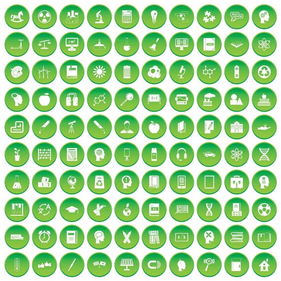 100 ícones de educação definir círculo verde vetor