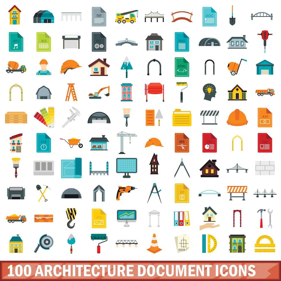 conjunto de 100 ícones de documentos de arquitetura, estilo simples vetor