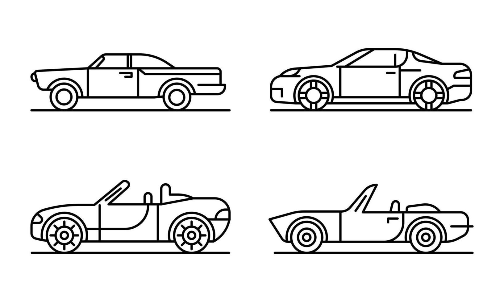 conjunto de ícones de carro conversível, estilo de estrutura de tópicos vetor