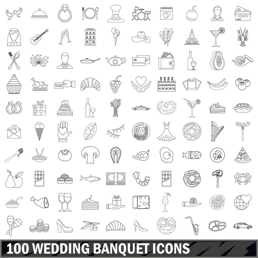 Conjunto de 100 ícones de banquete de casamento, estilo de contorno vetor