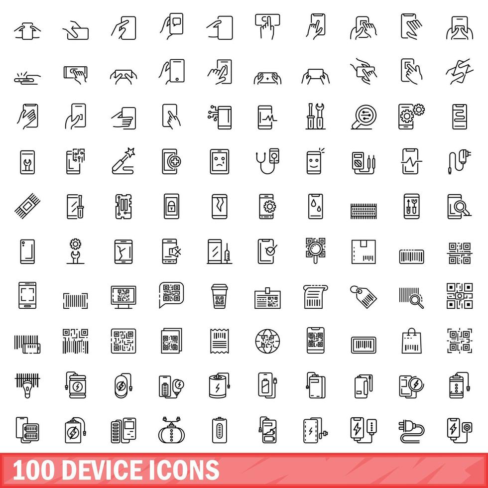 conjunto de 100 ícones de dispositivo, estilo de estrutura de tópicos vetor