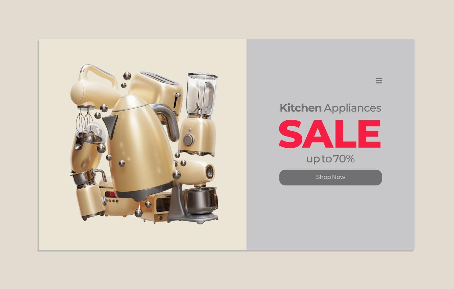 modelo de página da web de venda de utensílios de cozinha com ilustração 3d de chaleira vetor