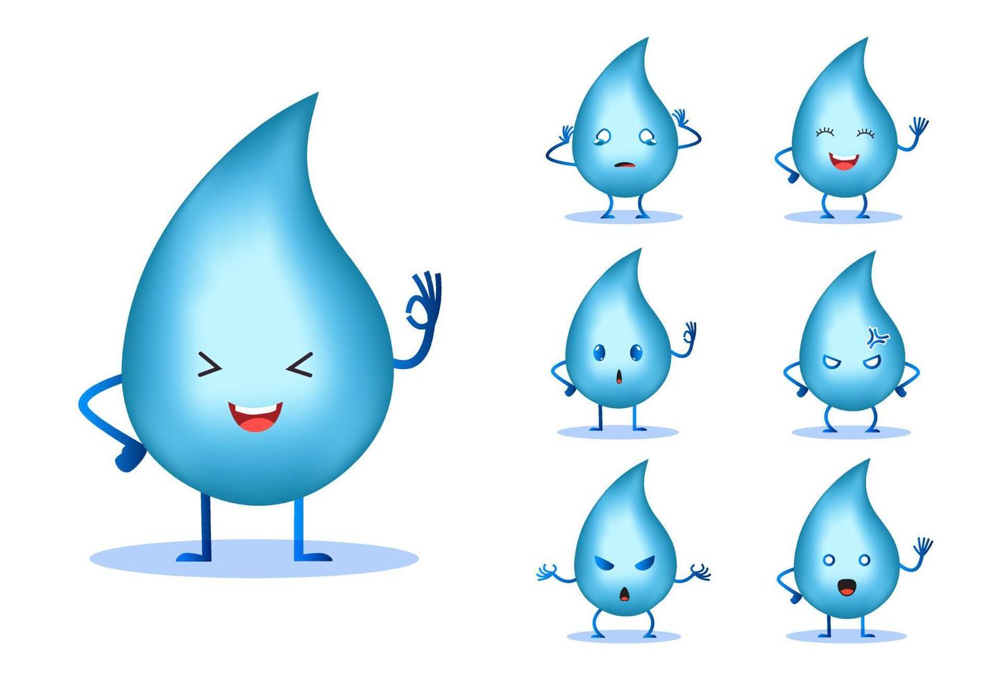 ícone de design de personagem de gota de água bonito e feliz com muitas expressões diferentes. coleção de ícone de design de gota de água realista vetor