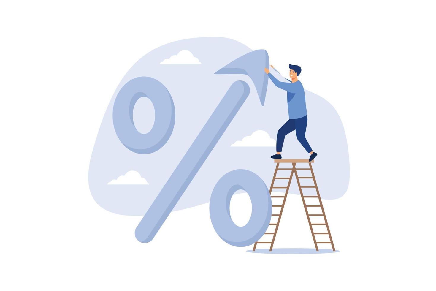 taxa de juros, aumento de imposto ou iva, tendência ascendente da taxa de empréstimo e hipoteca, lucro de investimento ou conceito de dividendos subindo, banqueiro empresário, fed ou governo colocou seta para cima no símbolo de porcentagem. vetor