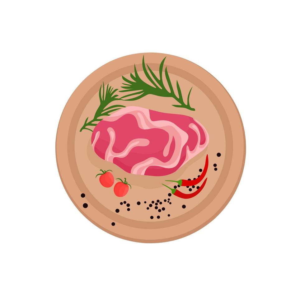 vetor de lombo de carne. fatia de bife fresco em uma tábua, com tomate, pimentão e legumes por cima. ilustração vetorial em estilo simples. ótimo para hambúrgueres.