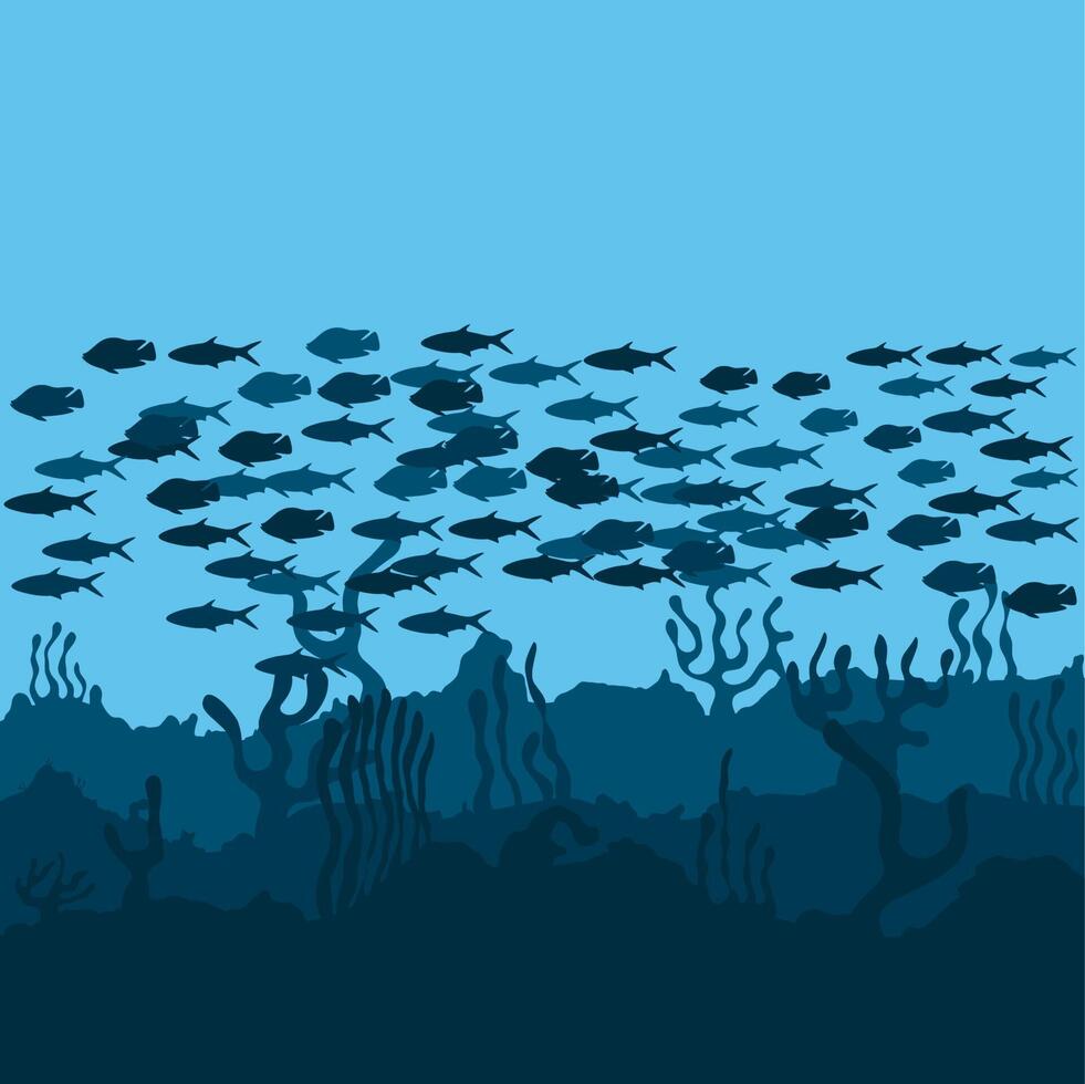 ilustração em vetor de um grupo de peixes nadando sob o mar azul. fundo do mar com recifes de coral e algas. isolado em um fundo azul. vida aquática.