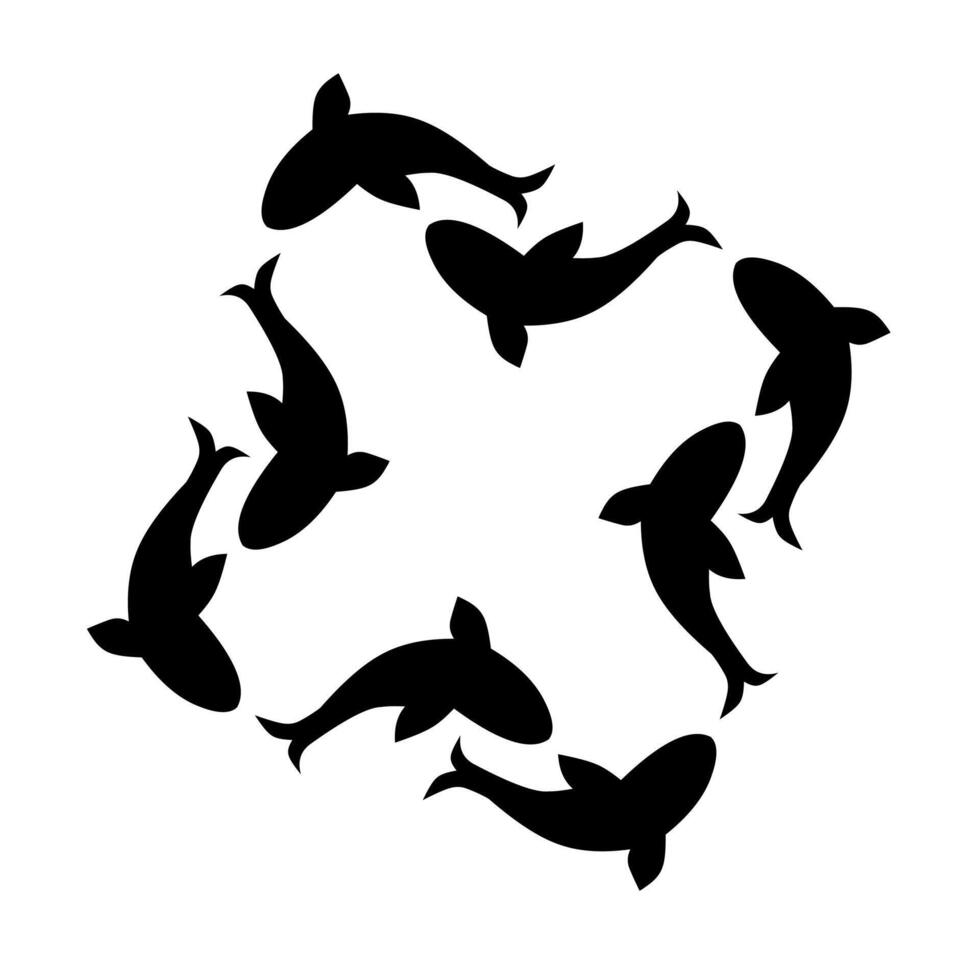 ilustração em vetor silhueta de um cardume de peixes. um grupo de peixes nadando em círculo. vida da colônia de animais marinhos. Isolado em um fundo branco. ótimo para logotipos marinhos.