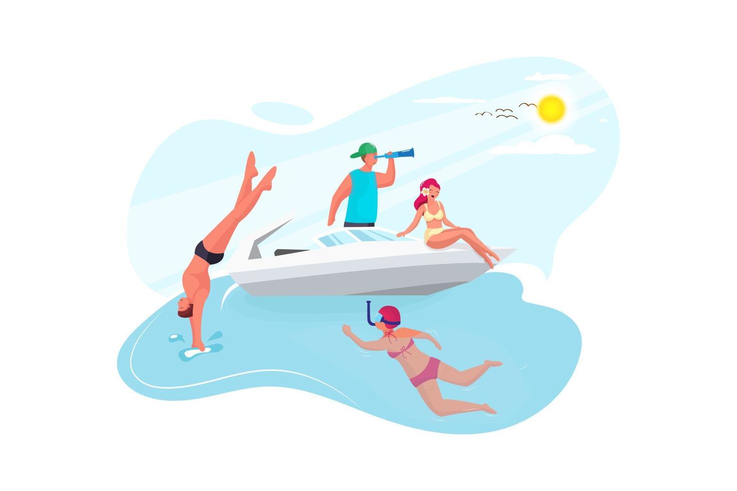 amigos felizes mergulhando de barco à vela no mar - jovens pulando dentro do oceano no dia da excursão de verão vetor