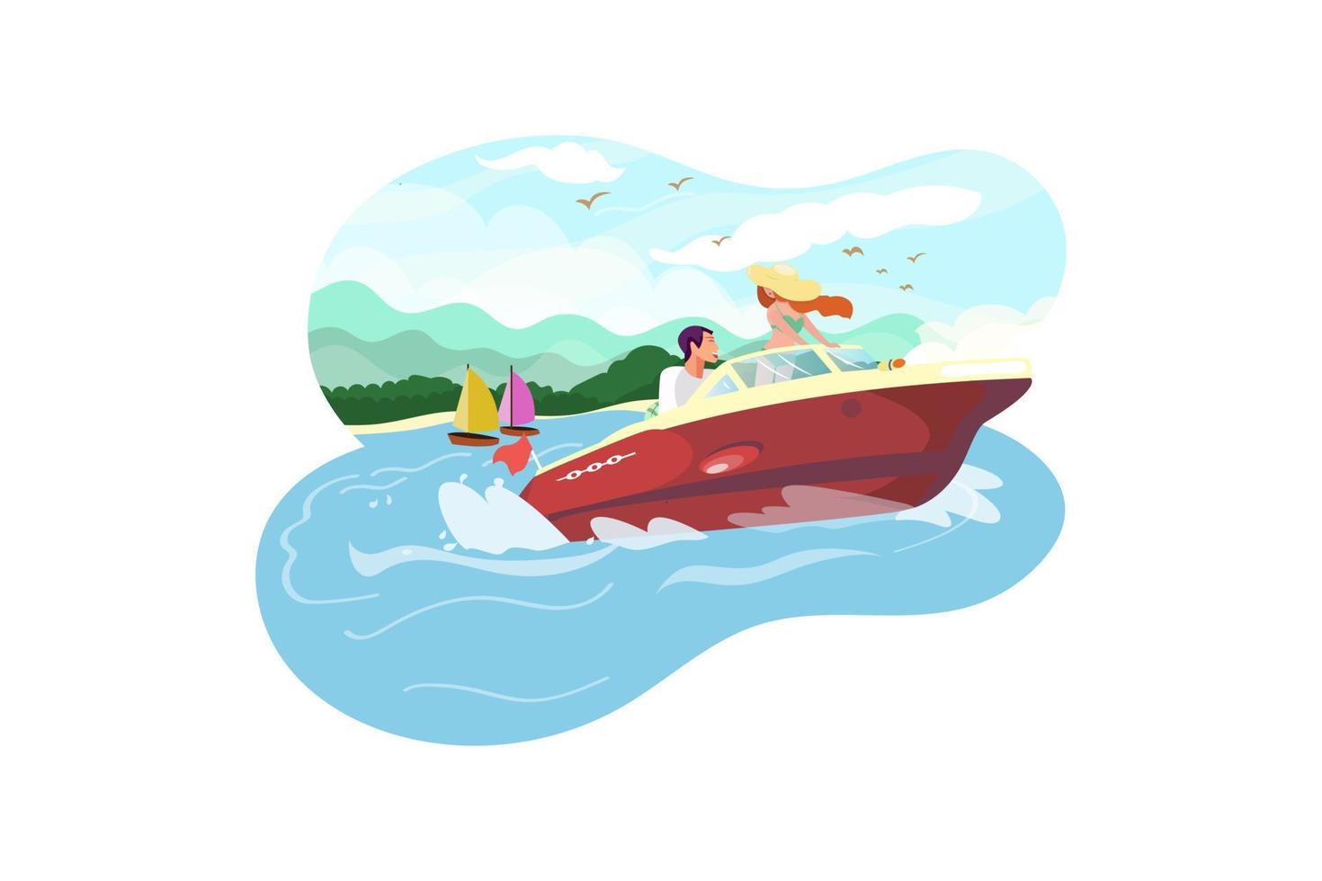 mulher viajante de estilo de vida de verão em biquíni e alegria de chapéu grande relaxante no barco vetor