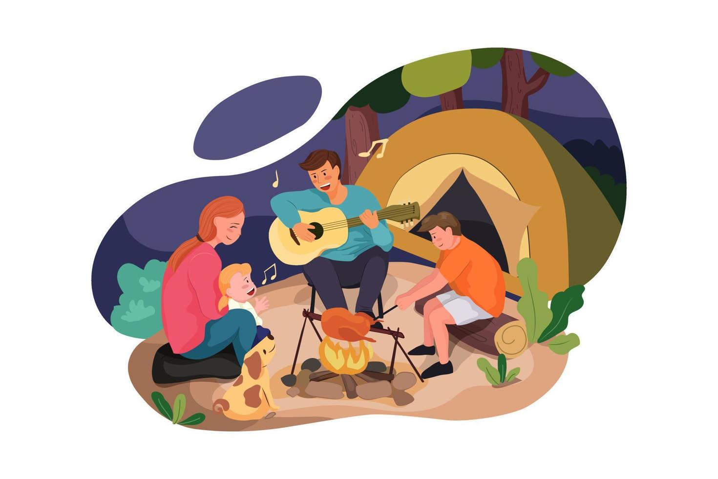 família feliz curtindo acampar na floresta vetor