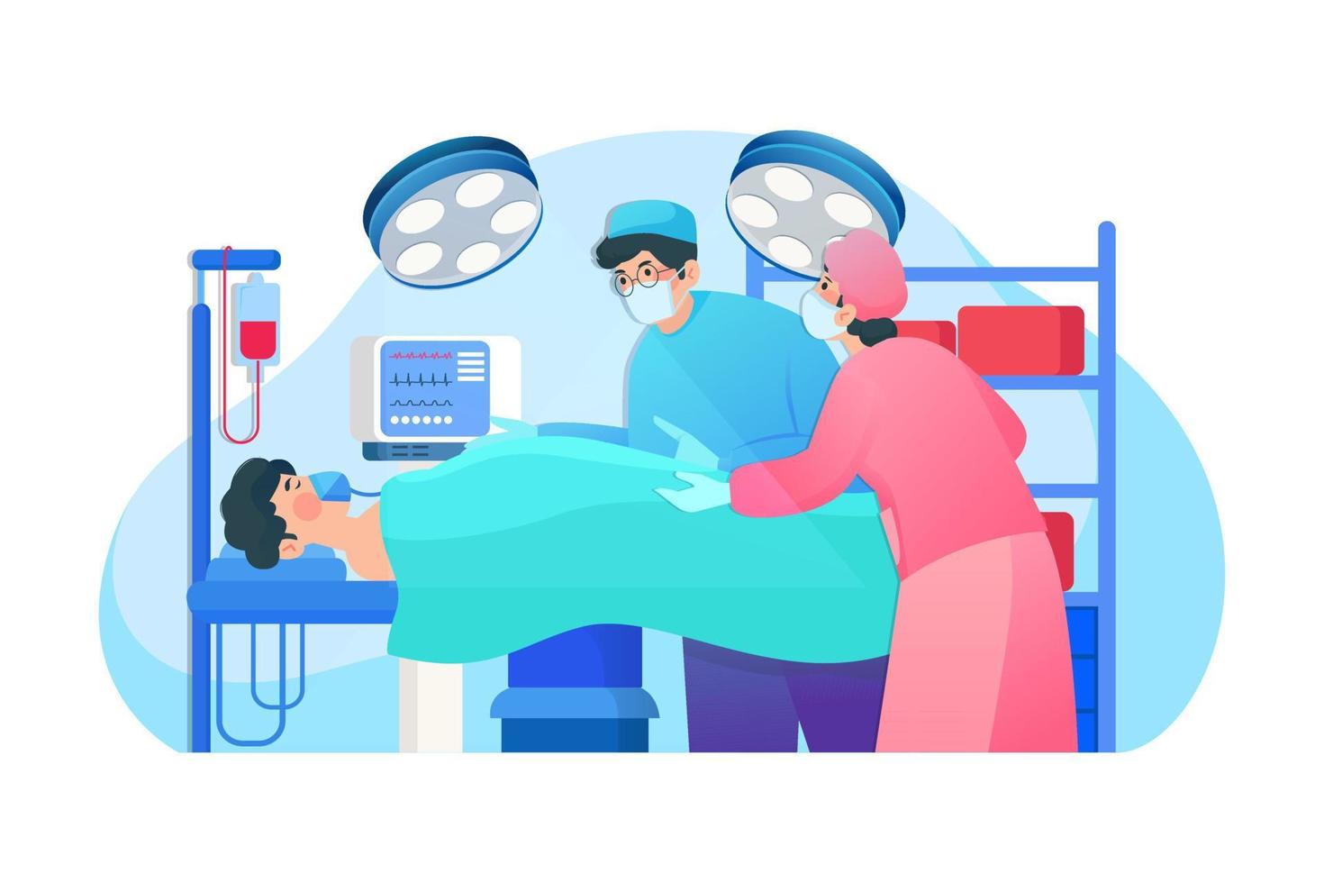 cirurgião plástico operando paciente com ajuda assistente na sala escura de cirurgia com material médico. vetor