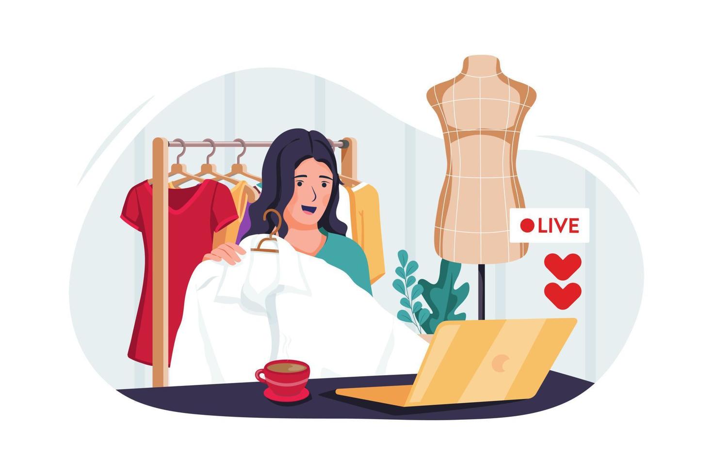 blogueira de beleza vendendo moda online. blogger girl revisa o produto e fala da câmera ao vivo gravando vídeo na rede social em casa. venda de roupas online nas redes sociais vetor