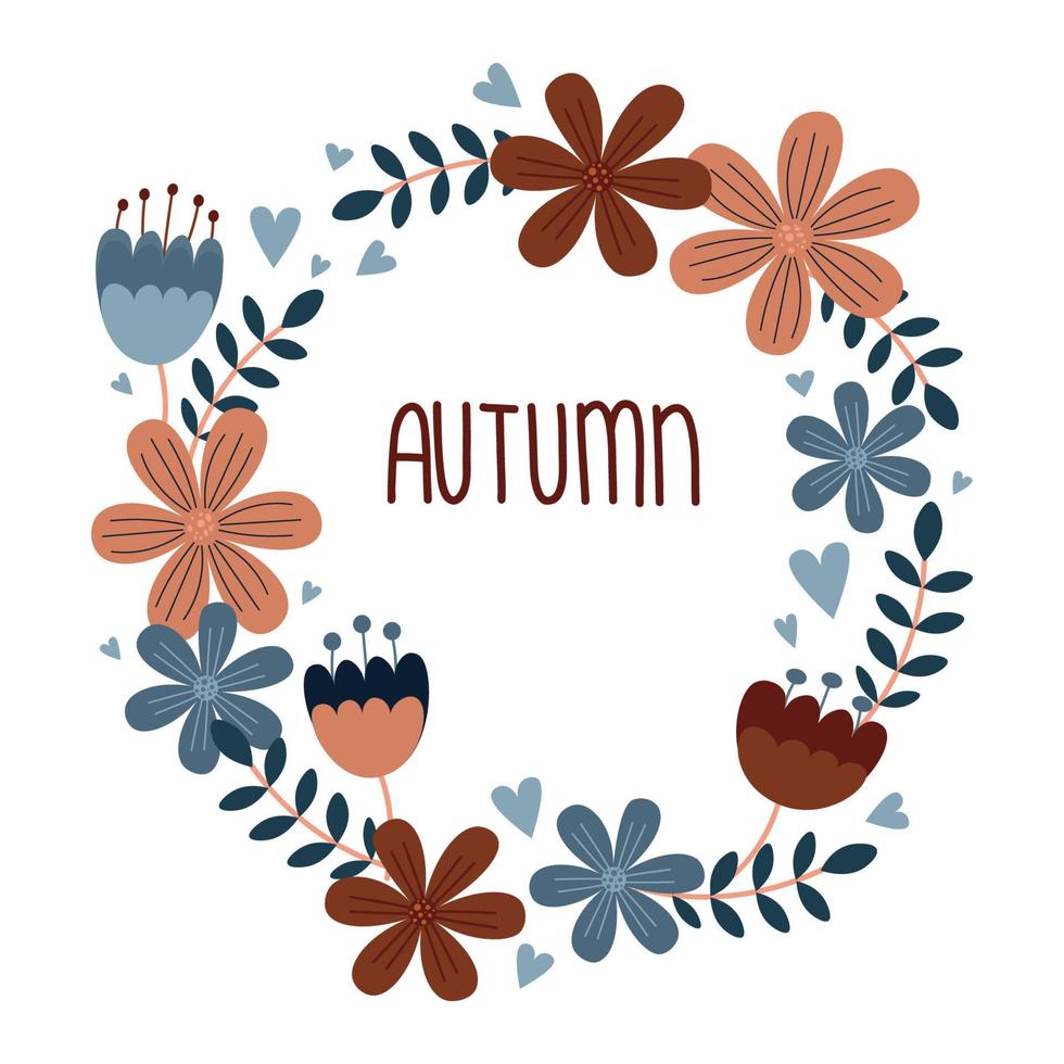cartão de outono com guirlanda floral. cartaz simples e bonito com flores nas cores laranja, vermelho, azul sobre fundo branco. para convites, banners, design de cartões postais. ilustração vetorial vetor