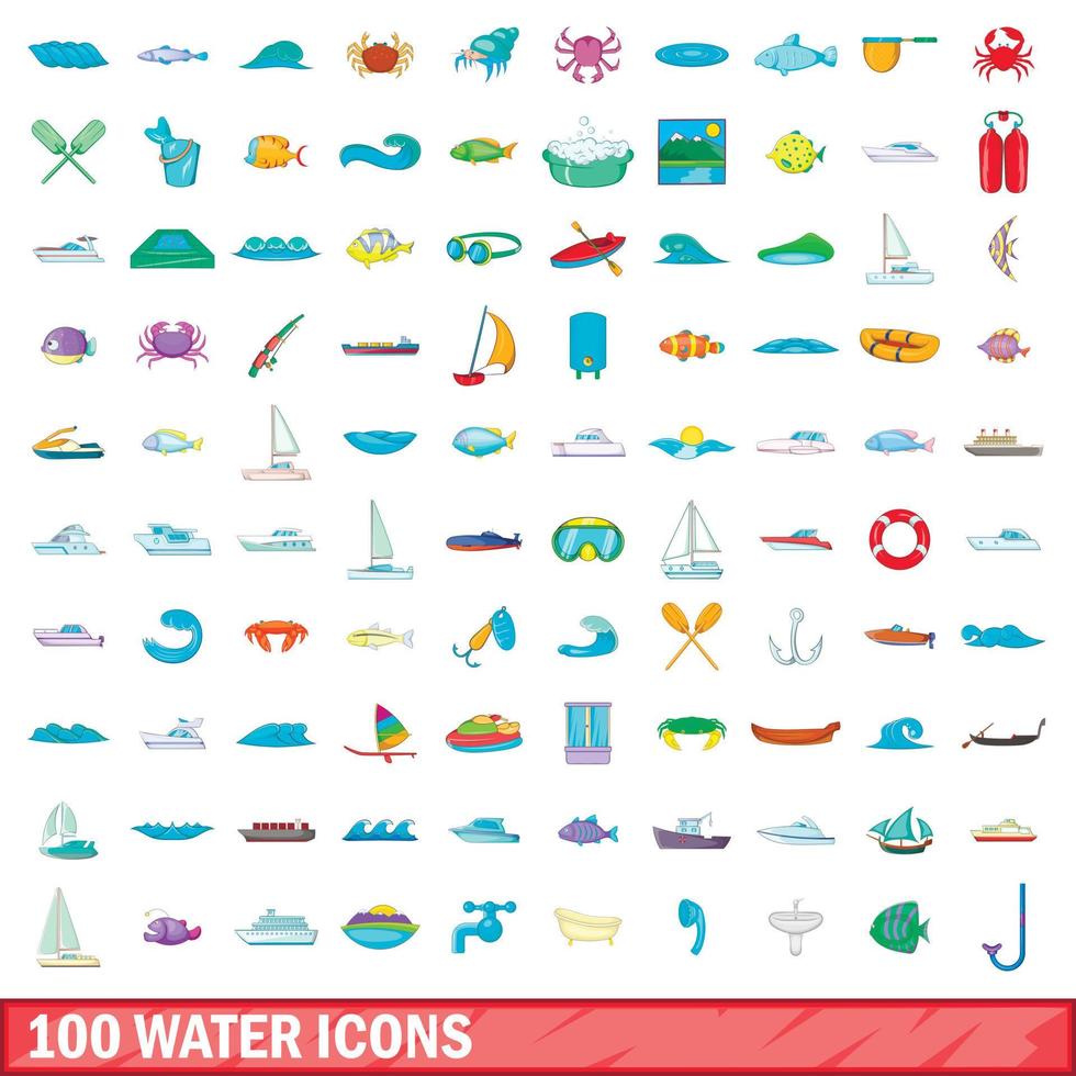 conjunto de 100 ícones de água, estilo cartoon vetor
