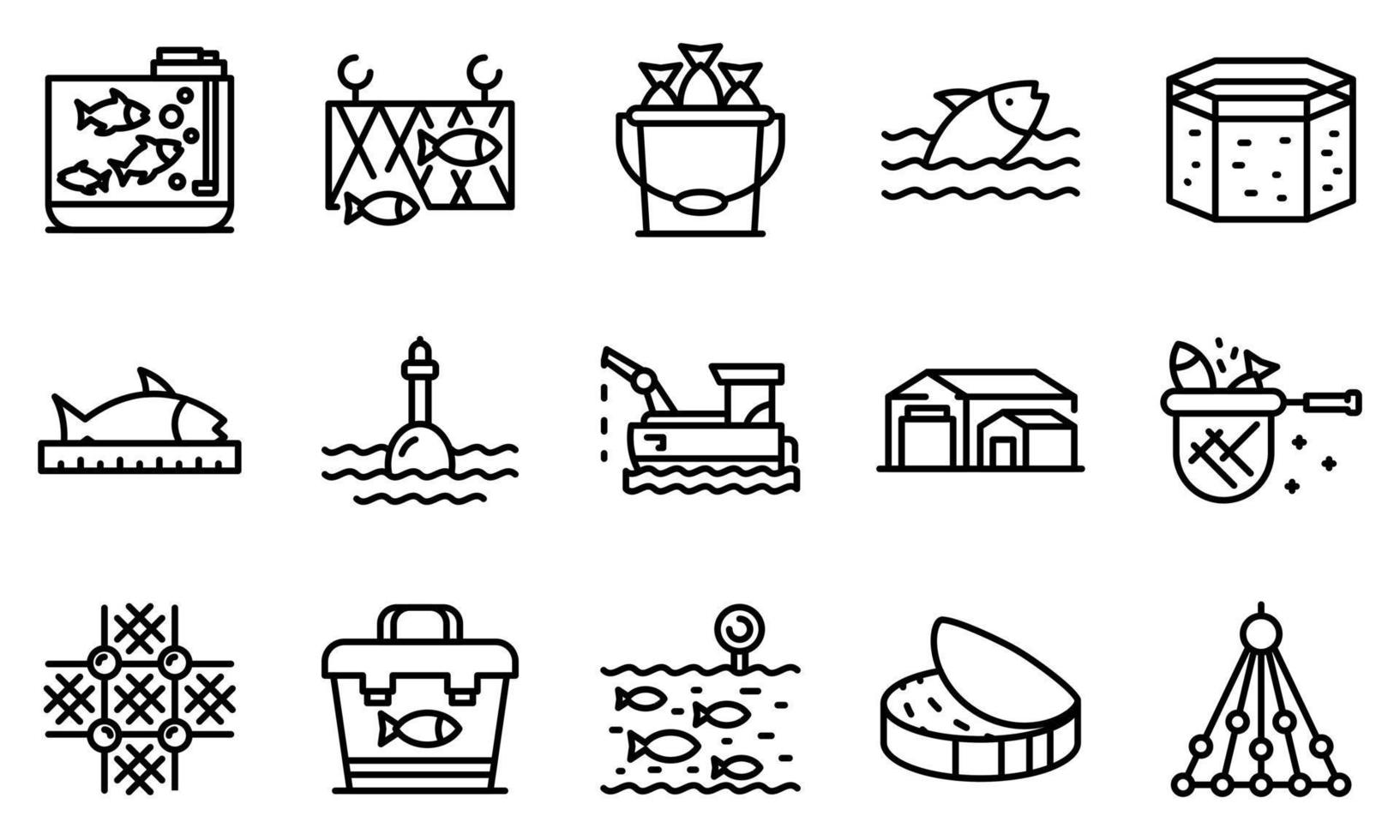 conjunto de ícones de fazenda de peixes, estilo de estrutura de tópicos vetor
