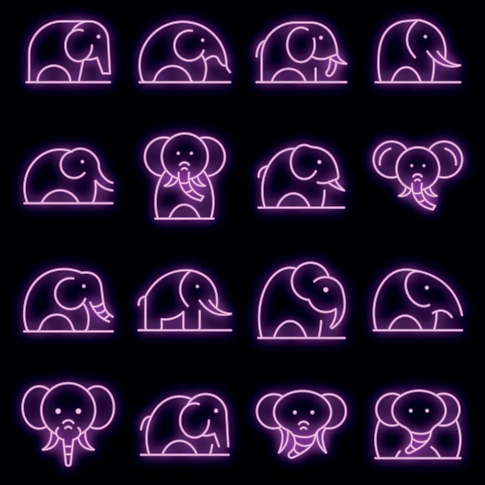 ícones de elefante definir vetor neon