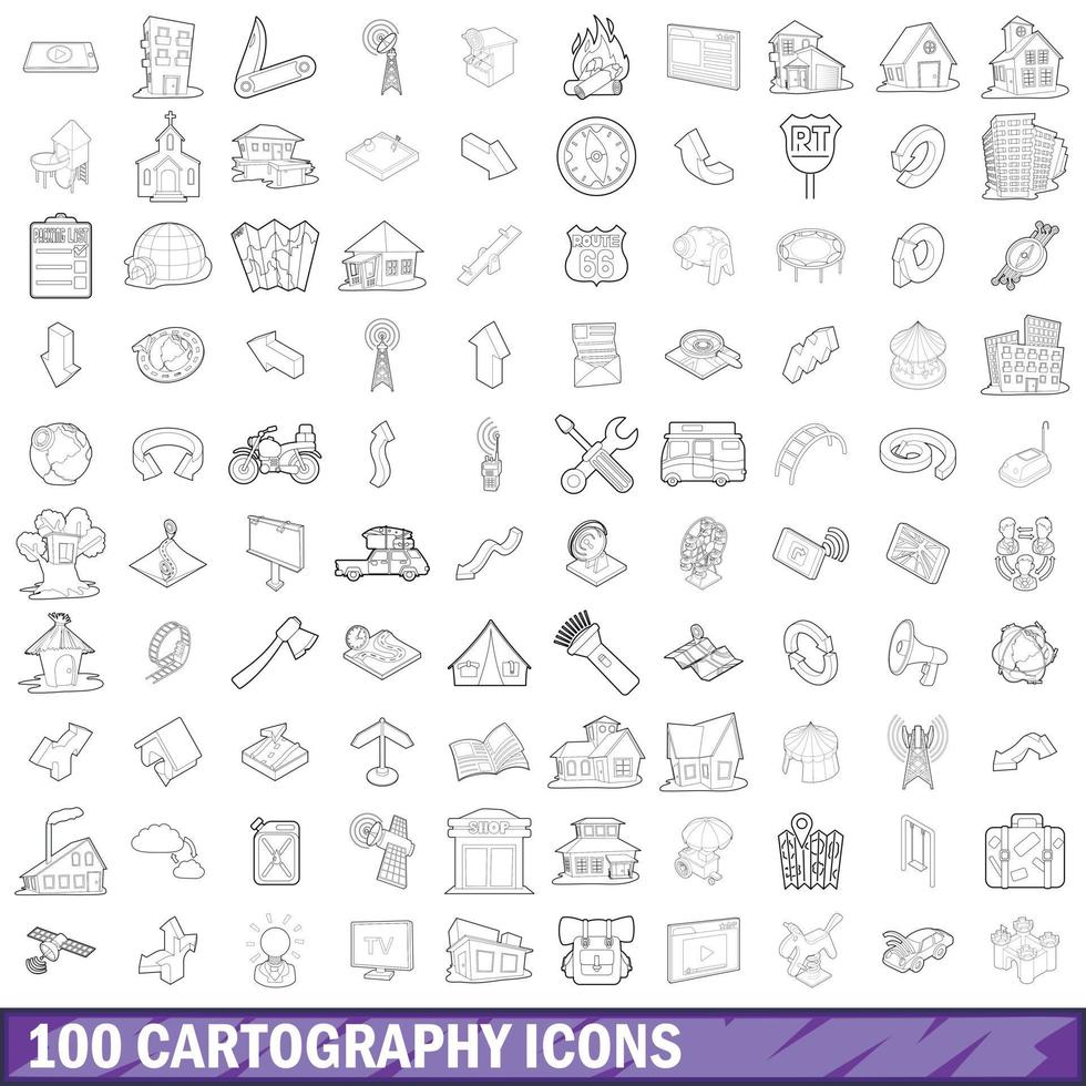 conjunto de 100 ícones de cartografia, estilo de contorno vetor