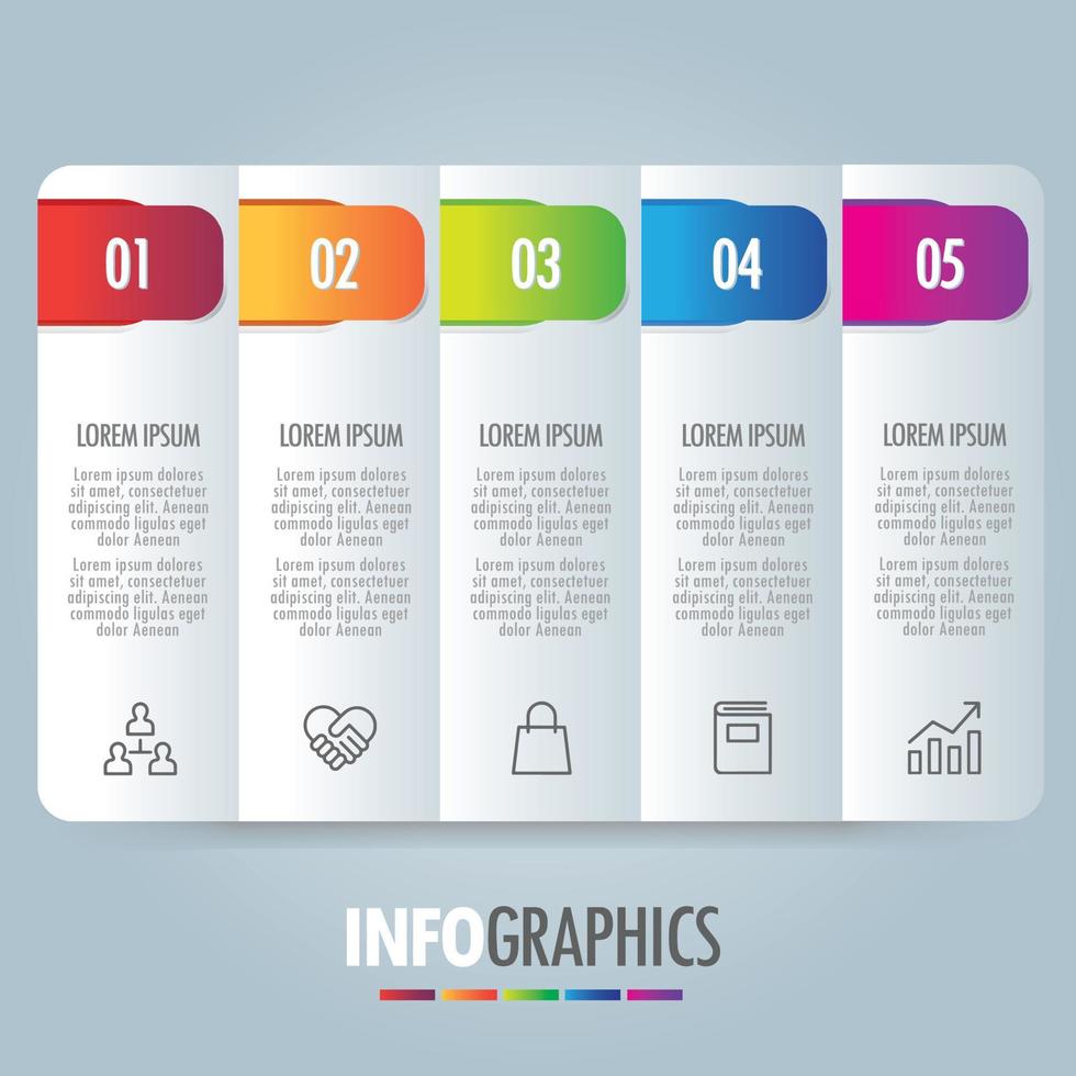 modelo de ilustração de infográficos digitais coloridos cinco opções de conjunto de ícones de marketing de processo numeradas layout de apresentação de negócios para banners web design vetor