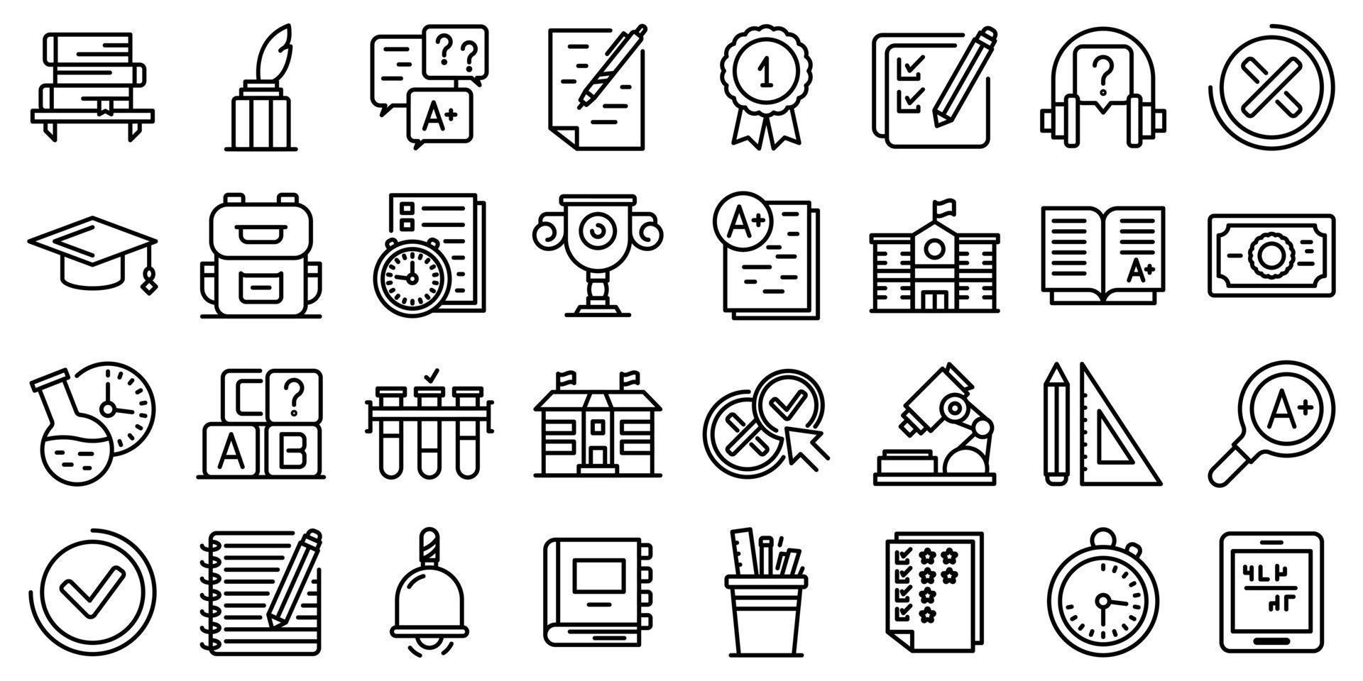 conjunto de ícones de teste escolar, estilo de estrutura de tópicos vetor