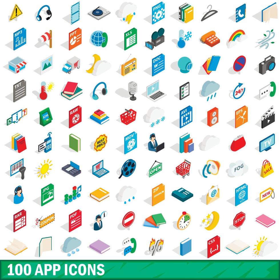 conjunto de 100 ícones de aplicativos, estilo 3d isométrico vetor