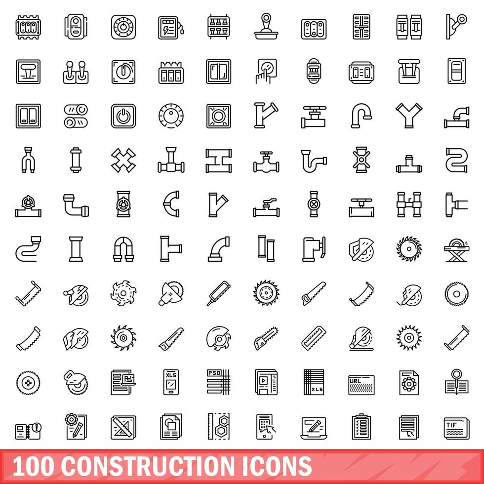 conjunto de 100 ícones de construção, estilo de contorno vetor