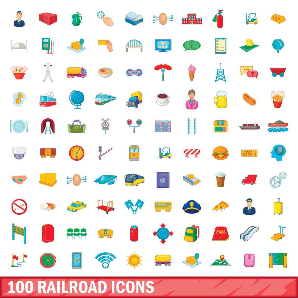 conjunto de 100 ícones de ferrovia, estilo cartoon vetor