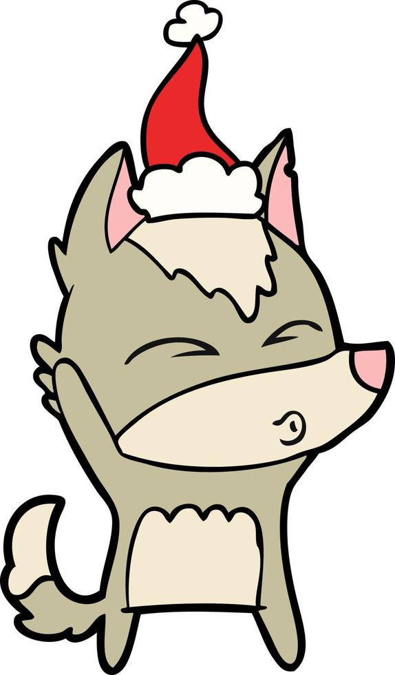 desenho de linha de um lobo assobiando usando chapéu de papai noel vetor