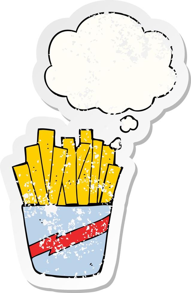 caixa de desenho animado de batatas fritas e balão de pensamento como um adesivo desgastado vetor