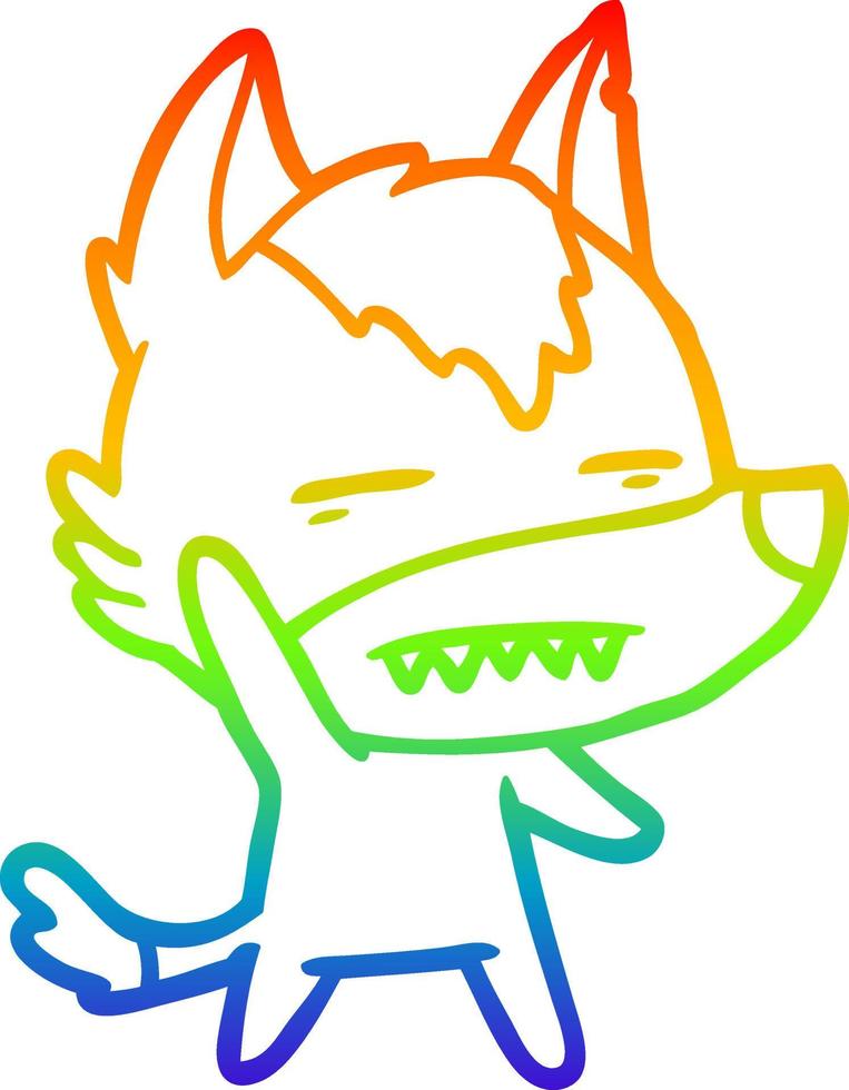desenho de linha de gradiente de arco-íris lobo de desenho animado acenando mostrando os dentes vetor