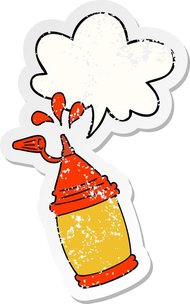 garrafa de ketchup de desenho animado e adesivo angustiado de bolha de fala vetor