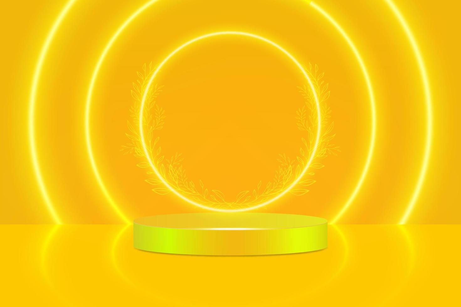 ilustração vetorial o pódio do palco é decorado com iluminação. um palco em um pedestal com uma imagem de um produto, um anúncio, um show, uma cerimônia de premiação em um fundo amarelo vetor