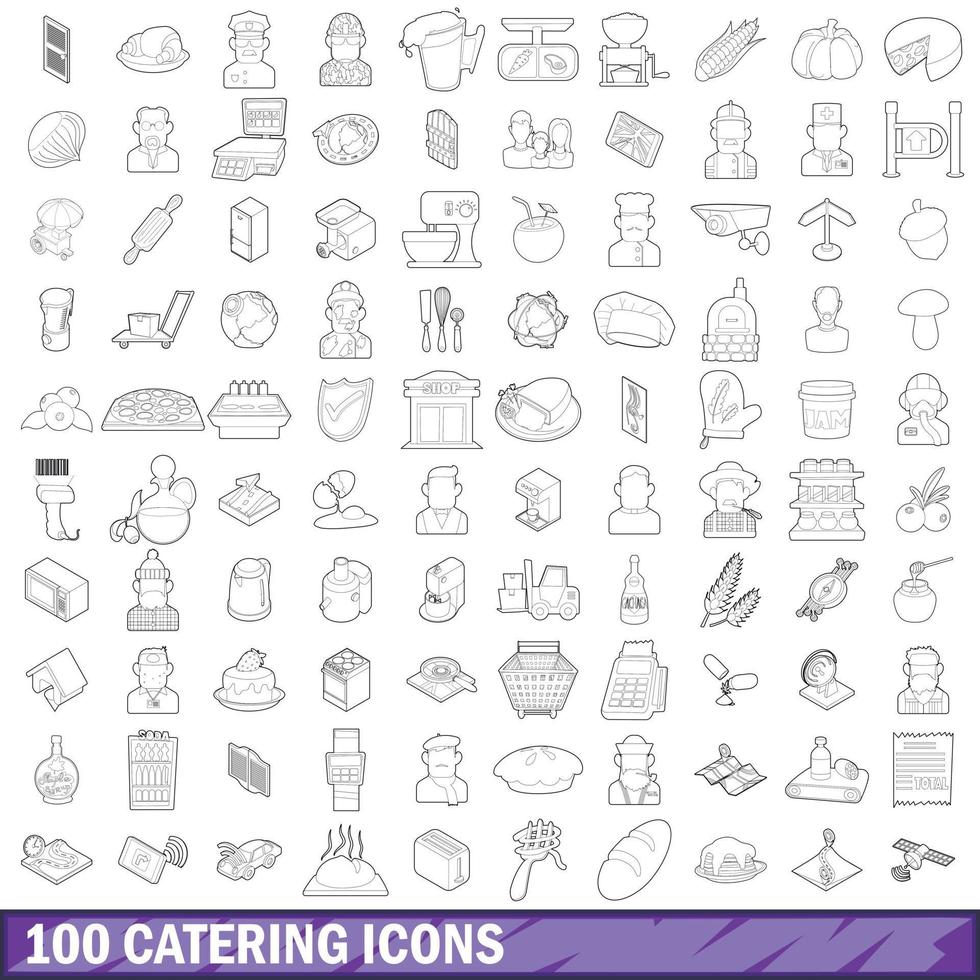 Conjunto de 100 ícones de catering, estilo de estrutura de tópicos vetor