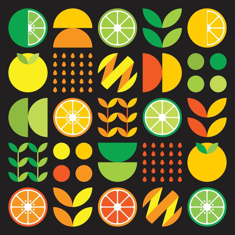arte abstrata do ícone de símbolo de fruta laranja. arte vetorial simples, ilustração geométrica de cítricos coloridos, limões, limonada, limas e folhas. design plano minimalista cítrico em fundo preto. vetor