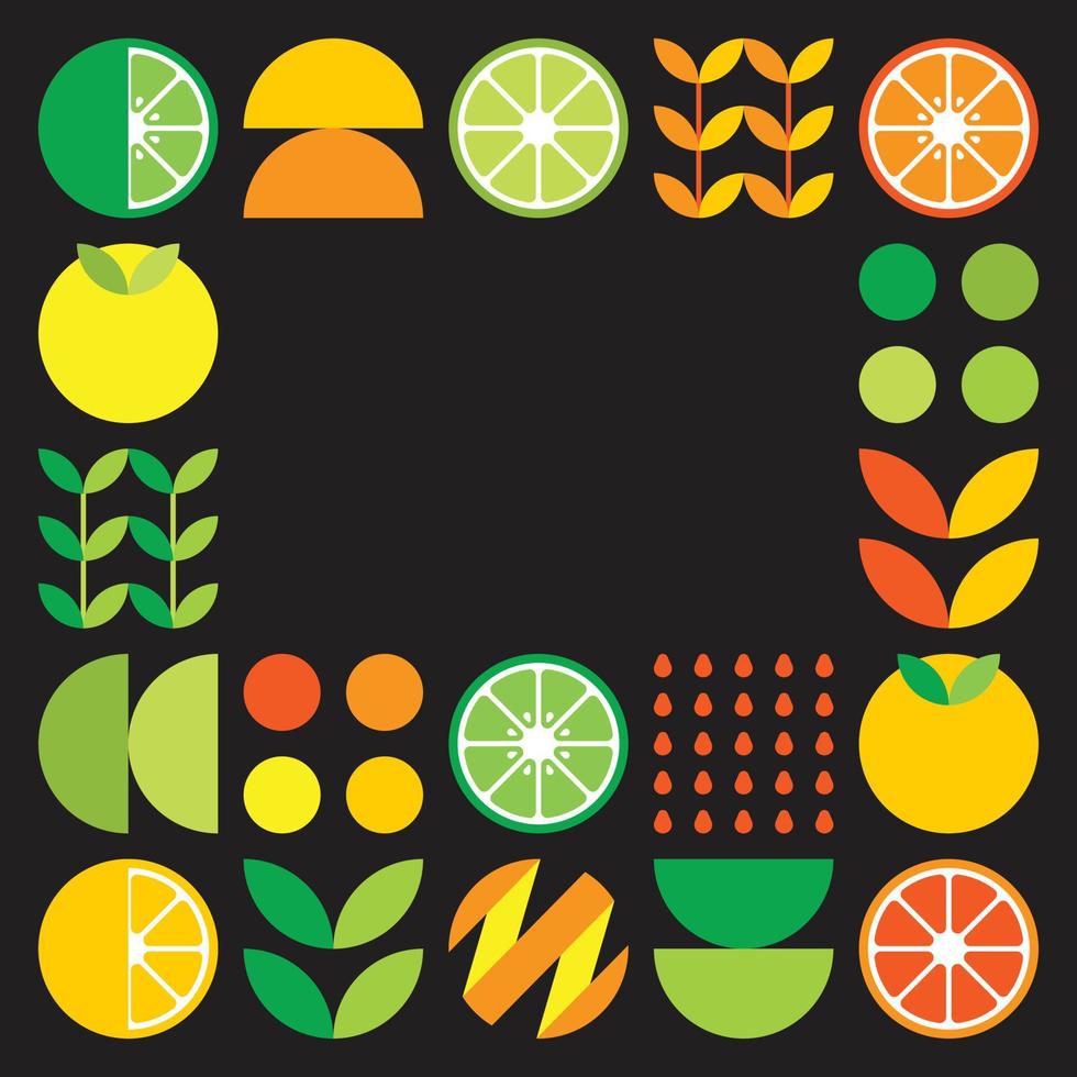 quadro de vetor plano minimalista em símbolo de frutas cítricas. ilustração geométrica simples de laranjas, limões, limonada e folhas. desenho abstrato laranja em fundo preto. bom para cartazes ou banners.